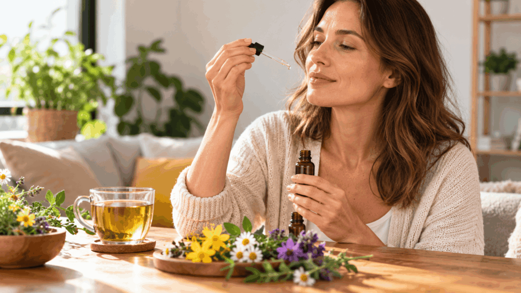 Show a person using Bach flowers in the context of wellness