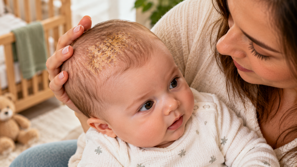 A baby with cradle cap on the scalp