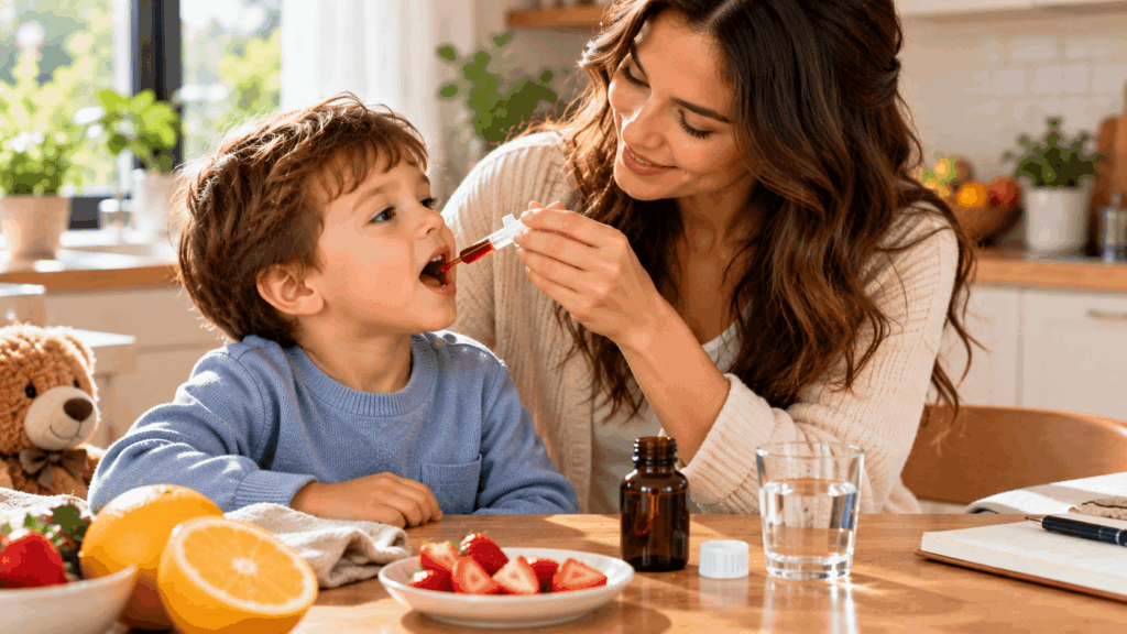 A child taking his iron supplement