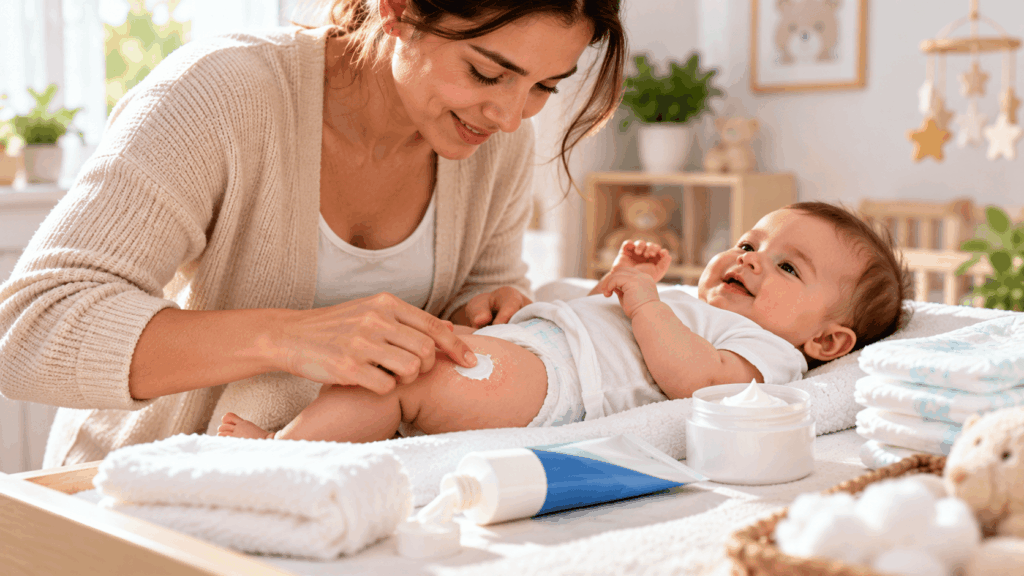 A mother applying sunscreen while changing her baby's diaper