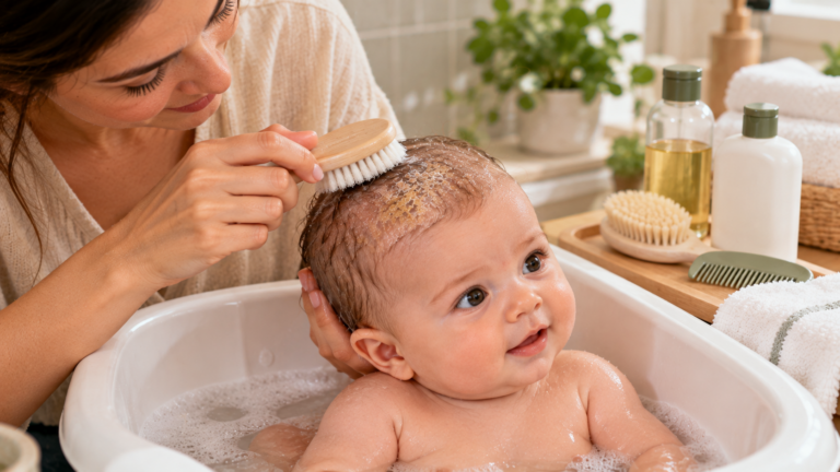 A mother caring for her baby's cradle cap