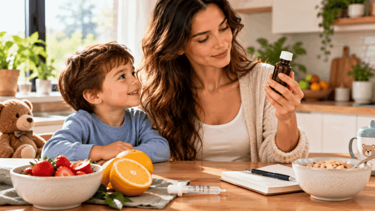 A mother examining an iron supplement for her child