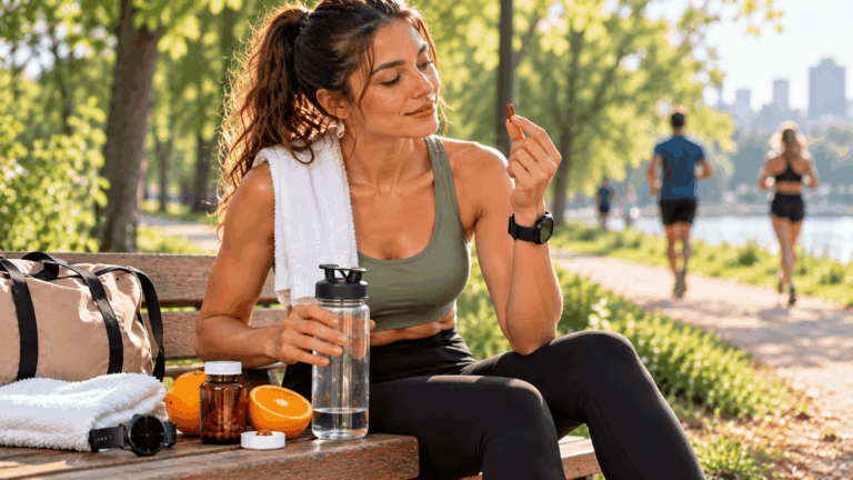 A runner taking an iron supplement after her workout