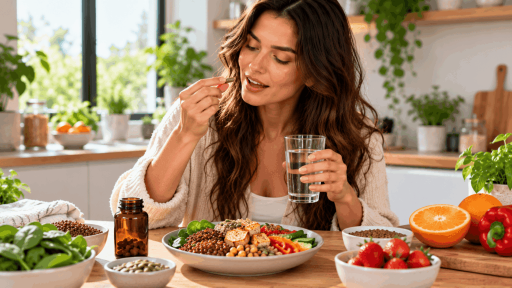 A vegan woman taking an iron supplement