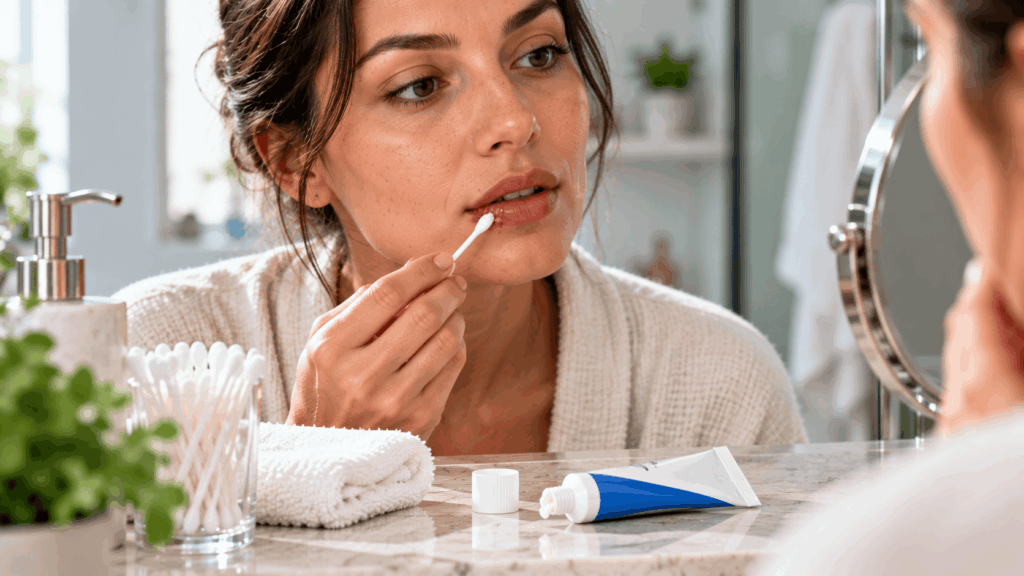 A woman applying cream to a cold sore