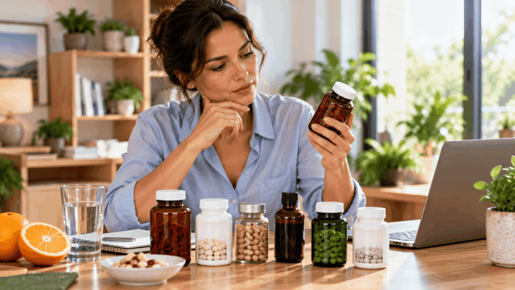 A woman comparing several iron and vitamin B12 supplements