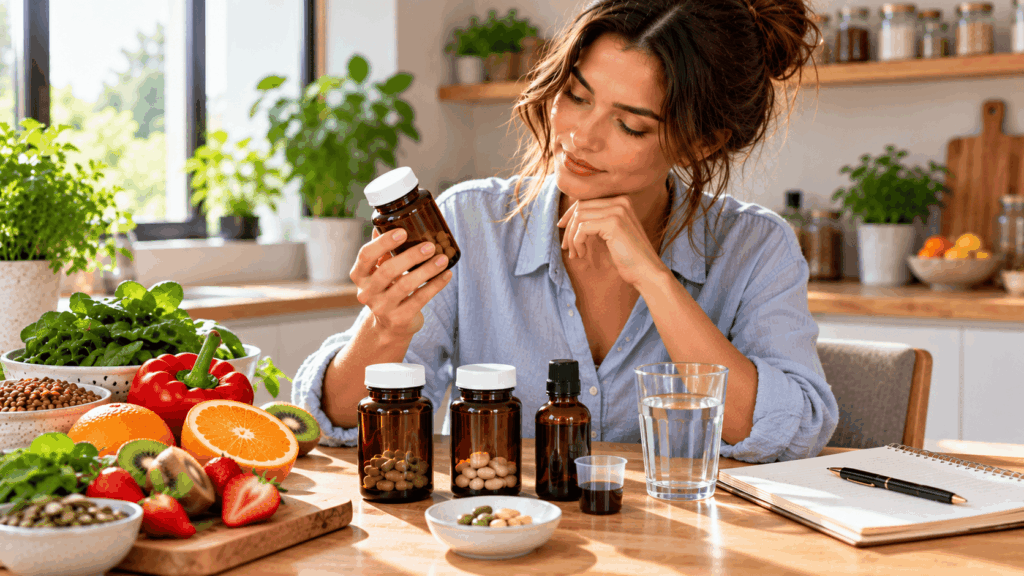 A woman comparing several iron supplements enriched with vitamin C