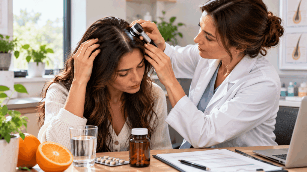 A woman consulting a dermatologist about hair loss