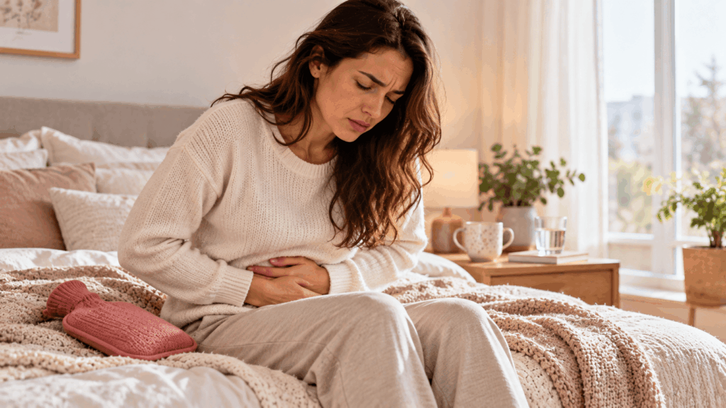 A woman experiencing menstrual cramps in her lower abdomen