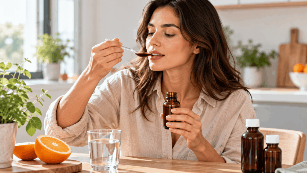 A woman taking a liquid iron supplement