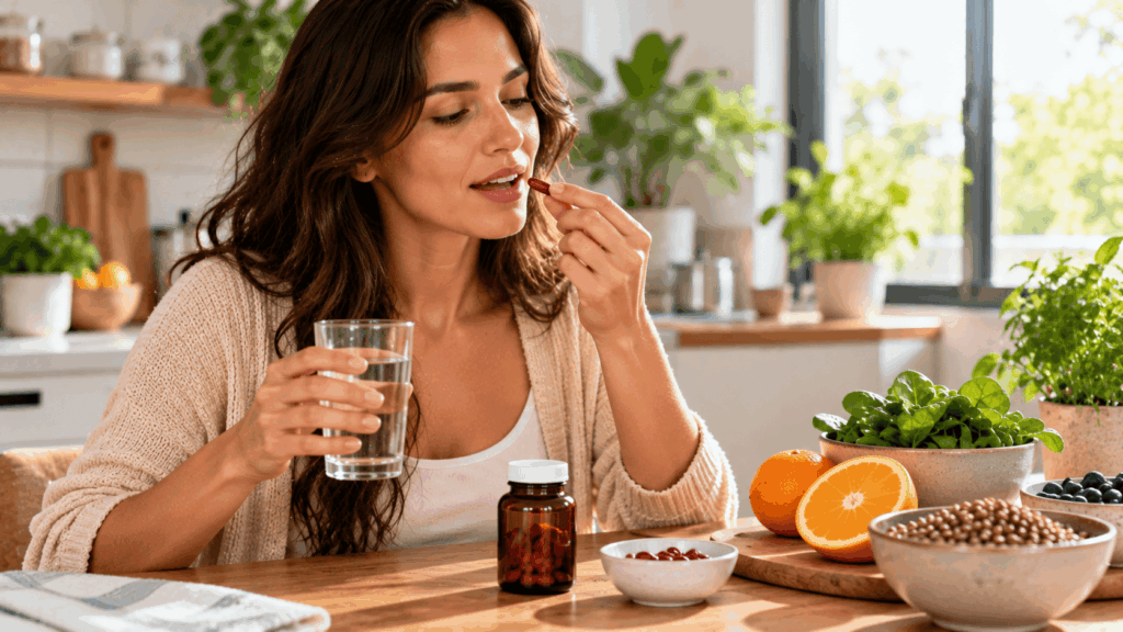 A woman taking an iron and vitamin B12 supplement
