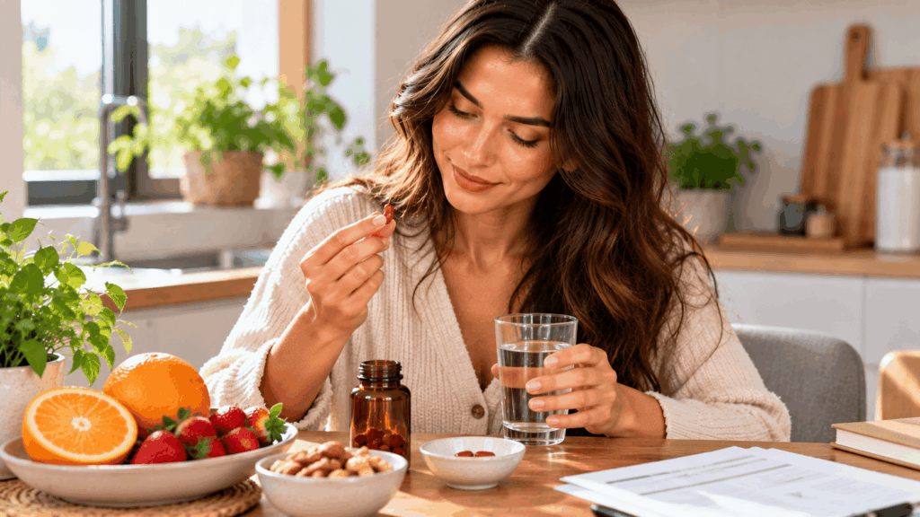 A woman taking an iron supplement for healthy hair