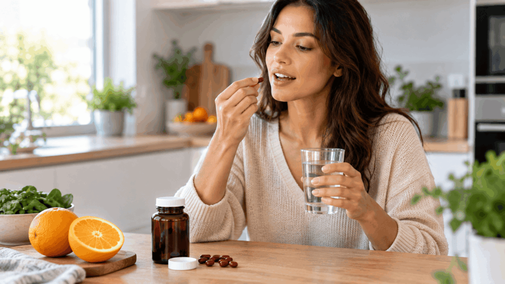 A woman taking an iron supplement to increase her ferritin levels