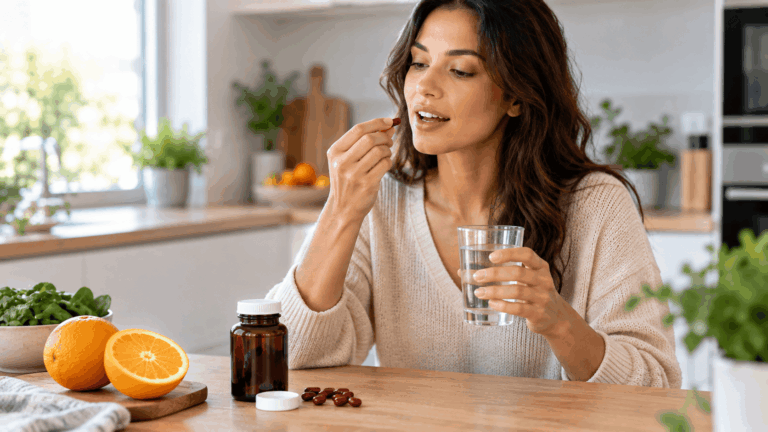 A woman taking an iron supplement to increase her ferritin levels