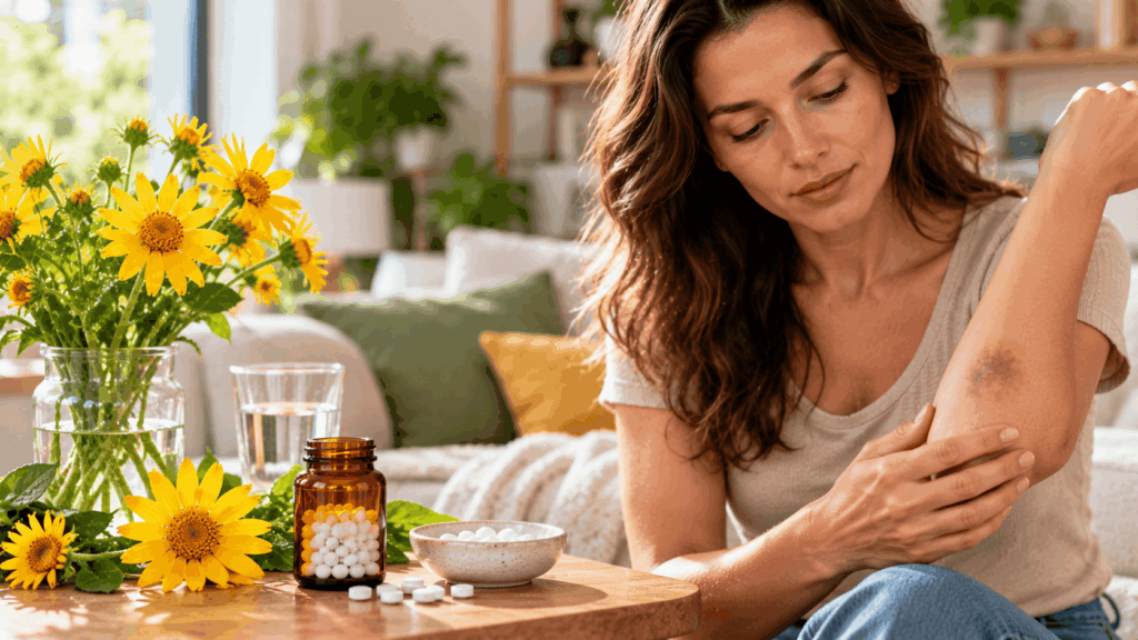 A woman with a bruise and some arnica tablets