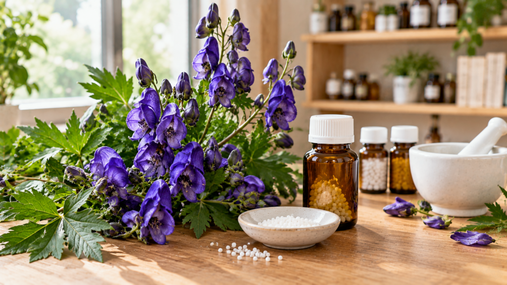 Aconite, a toxic plant used in highly diluted homeopathic preparations