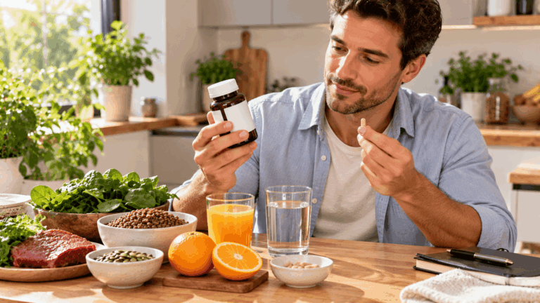 An adult man examining an iron dietary supplement in capsule form