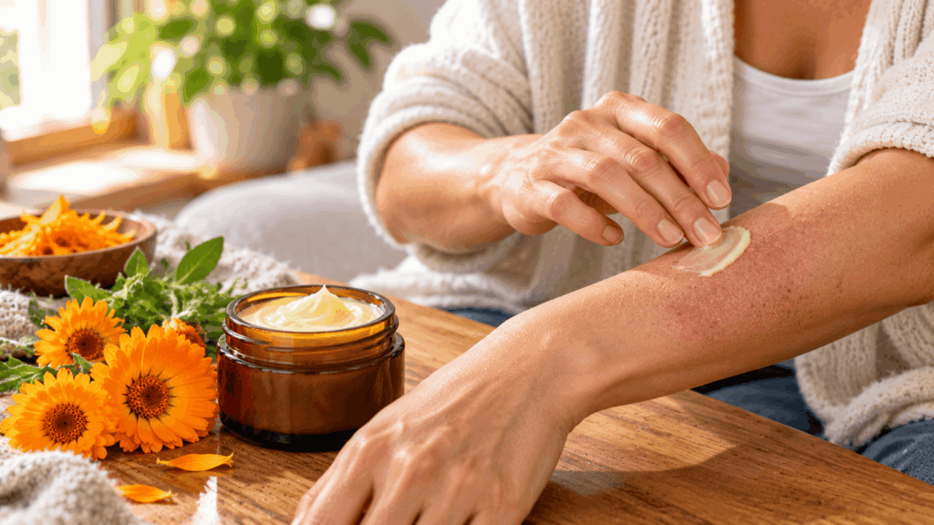 Applying calendula cream to dry, irritated skin