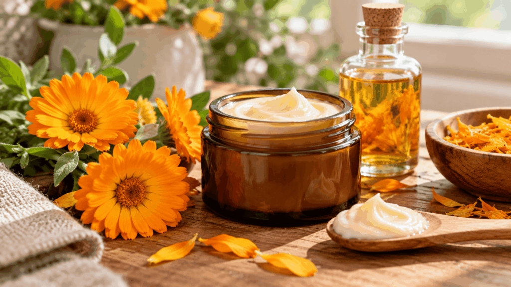 Calendula Cream and Calendula officinalis Flowers