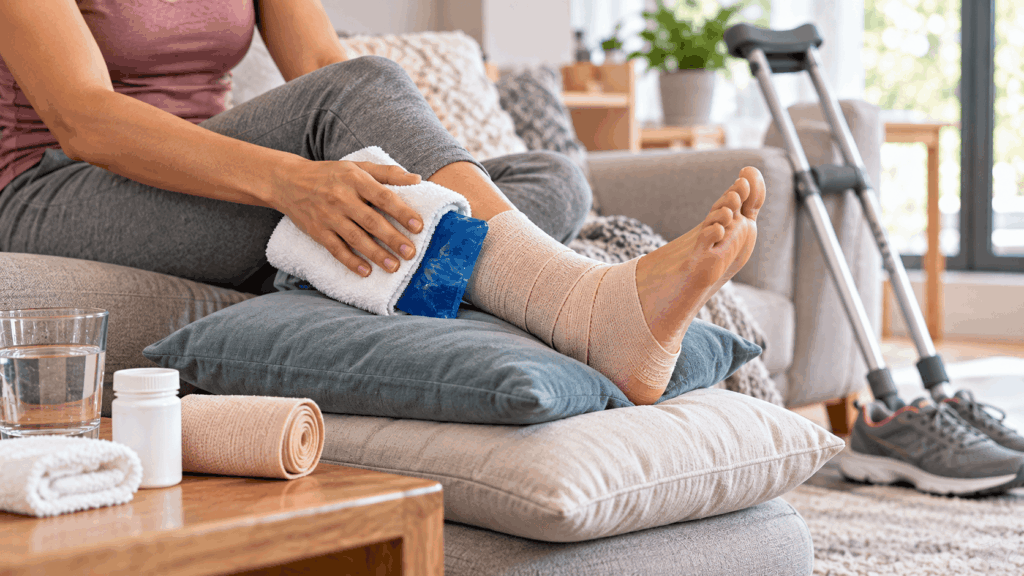 First aid for a sprain using the PRICE method