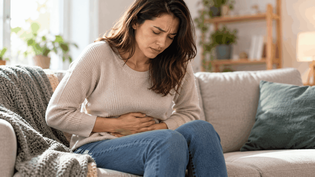 Woman Suffering from Abdominal Pain at the Salon