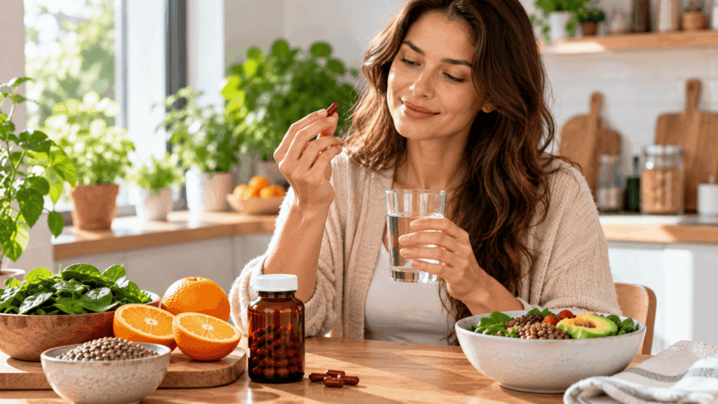 Woman taking an iron supplement to regain her energy
